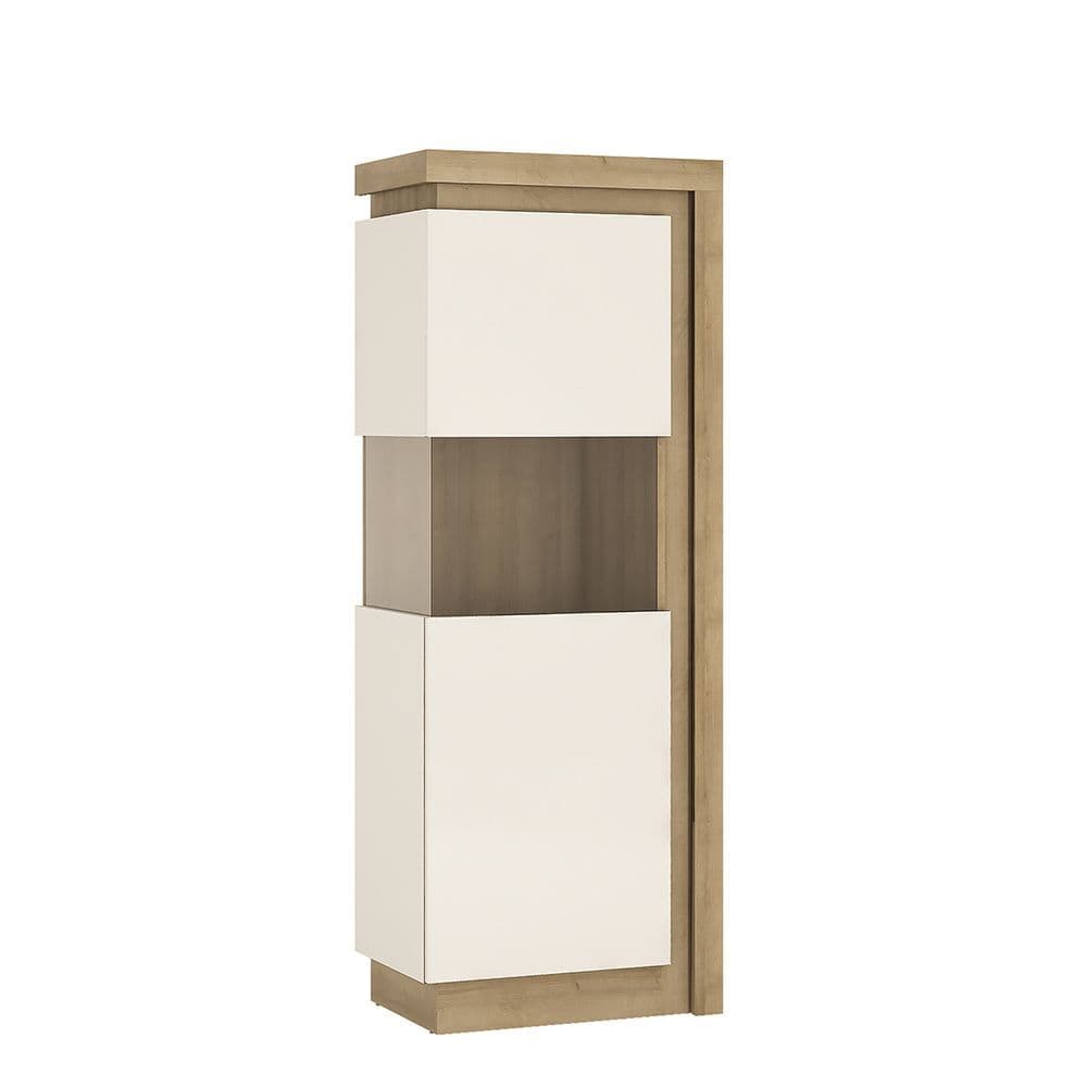 Metropolis Narrow display cabinet (LHD) 164,1cm high (includes LEDs) in Riviera Oak/White high gloss